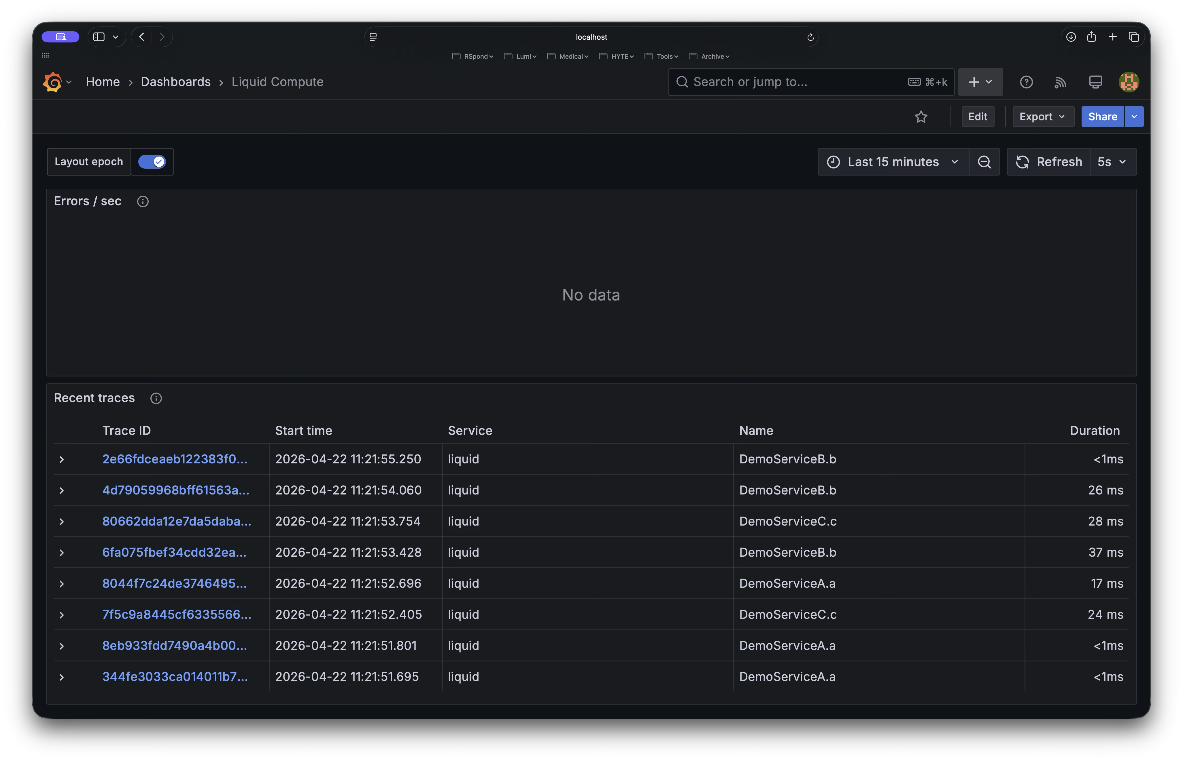Distributed traces in Grafana Tempo showing zero-error rebalancing across nodes